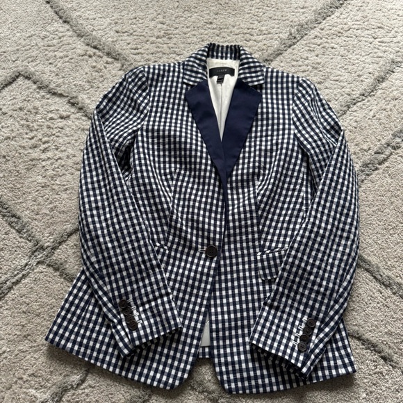 J Crew Gingham Blazer Navy Blue white Cotton 00 - Picture 1 of 9